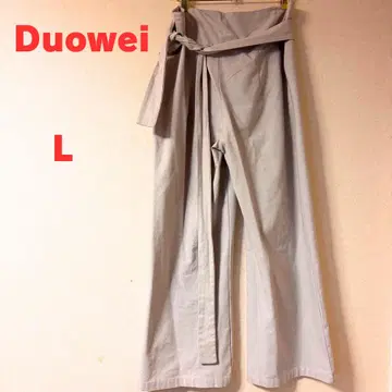 Duowei 라이트 그레이 와이드 팬츠 허리 랩 리본 L