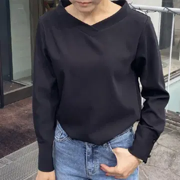 [JENNE] V넥 블라우스 블랙 긴팔 일본제