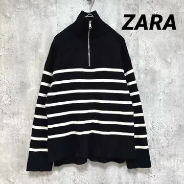 [ ZARA ] 터틀넥 하프 지퍼 니트 블랙 x 화이트 보더