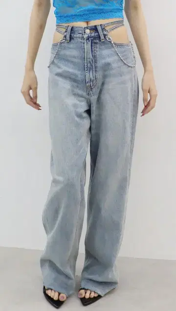 택 포함 EVRIS 허리 체인 와이드 데님 팬츠