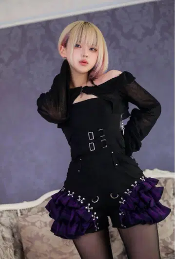 DustDevil 체크 프릴 올인원 원피스 Black x Purple