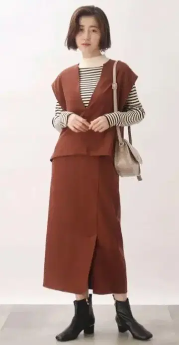 grove 오렌지 카멜 V넥 상의 타이트 스커트 셋업 3L