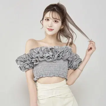 Darich 깅엄 체크 오프숄더 상의