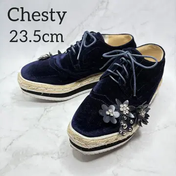 M 사이즈 23.5cm Chesty 통굽 신발 네이비 꽃무늬 벨벳
