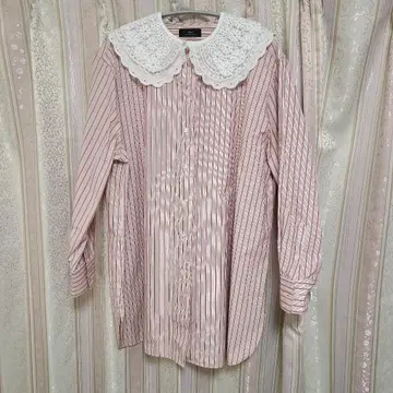 스트라이프 패턴 레이스 옷깃 긴팔 셔츠