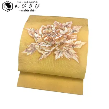 나고야 오비 꽃무늬 크레이프 원단 노랑 당초색 O-5492
