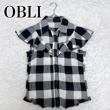 인기 Obli 오블리 블록 체크 블라우스 프릴 신축성 있음 히요쿠 버튼