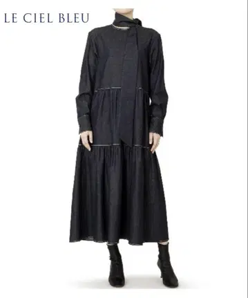 르쉘블루 보타이 데님 티어드 롱 원피스