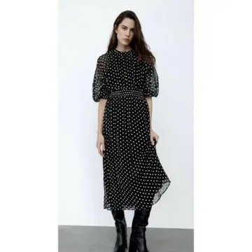 ZARA 플라워 꽃무늬 자수 시어 롱 원피스 블랙 컬러