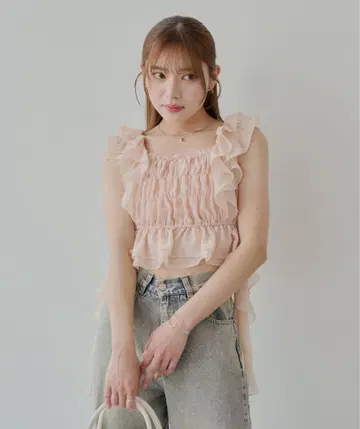 Chico 레이스 드롭 프릴 셔링 블라우스 핑크