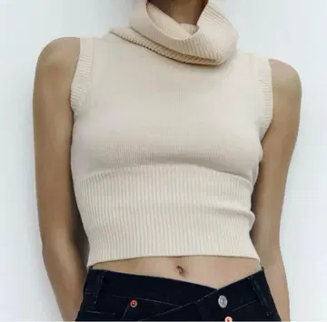 ZARA 슬리브리스 니트 하이넥 숏 니트 베스트 아이보리 S