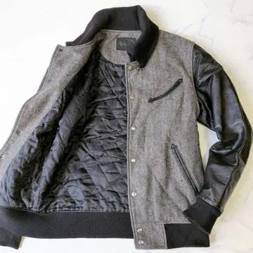 바시티 자켓 돈키 컬러 헤링본 카우 가죽 절개 멜톤 울 L