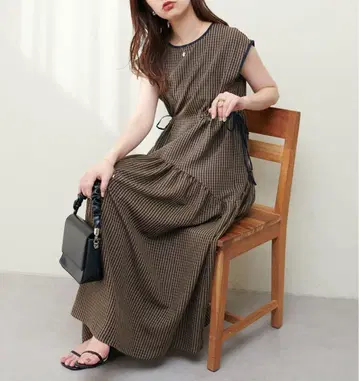 natural couture 드로스트 디자인 체크 무늬 원피스 핑크