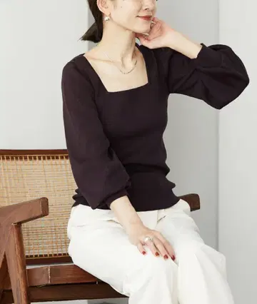 VERMEIL par iena 실크 혼방 스퀘어 넥 리브 니트 풀오버