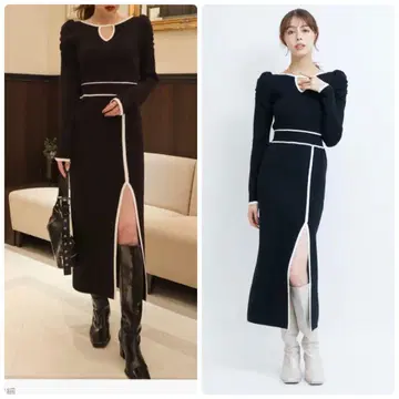 [ 새상품 택 하자품 ] 로얄 파티 배색 라인 컷 아웃 타이트 원피스