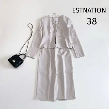 에스트네이션 노카라 자켓 페플럼 스커트 수트 셋업 38