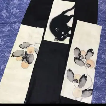 어른용 헤코 오비 반폭 오비 히시다 슌소 검은 고양이 감 그림 여성용
