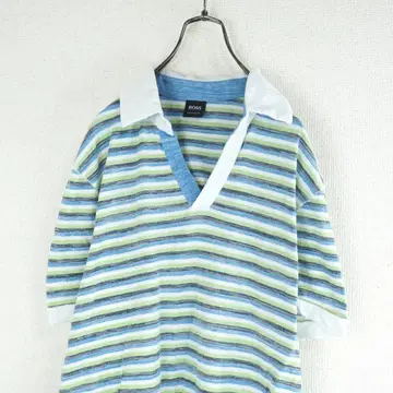 G9629*BOSS 휴고보스 반팔 보더 무늬 피케 셔츠 화이트 파랑 L