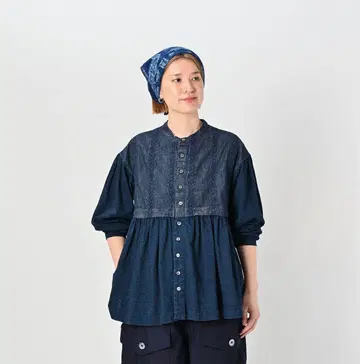 45R 데님 컷워크 x 천축 블라우스 (인디고)