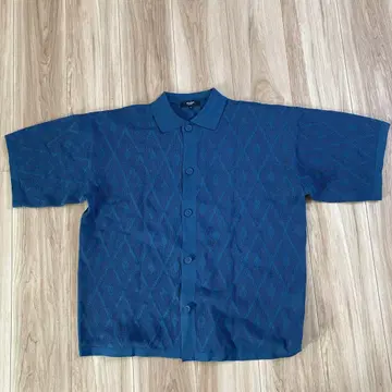 BEAMS 다크 블루 다이아몬드 무늬 반팔 셔츠 S 사이즈