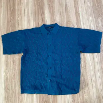 BEAMS 다크 블루 다이아몬드 무늬 반팔 셔츠 S 사이즈