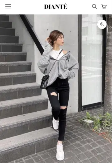 DIANTE 하이 웨이스트 데미지 스키니 데님