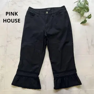 PINK HOUSE 꽃 자수 프릴 팬츠 칠부 기장 블랙 M 워셔블 로고