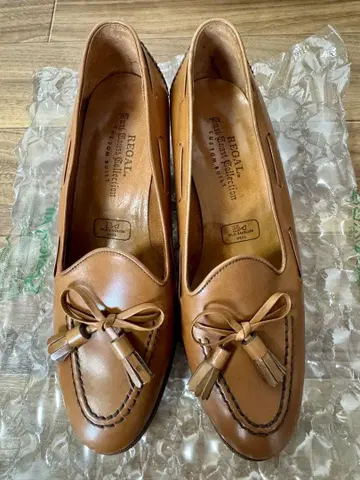 천연 가죽 가죽 신발 로퍼 23cm 카멜 브라운 리본 가죽