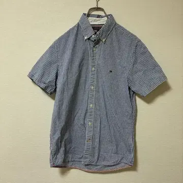 TOMMY HILFIGER 로고 체크 무늬 반팔 셔츠 캐주얼 파랑 S