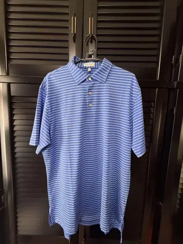 PETER MILLAR 블루 화이트 스트라이프 피케 셔츠 사이즈 M