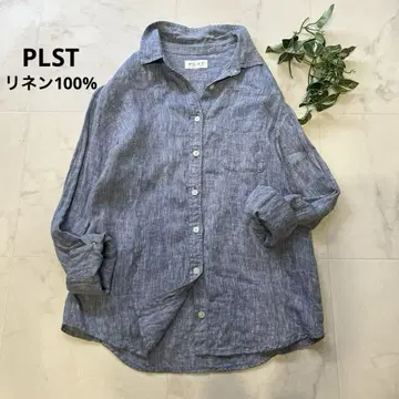 PLST 린넨 100% 셔츠 블루 내추럴 L 상당 워셔블