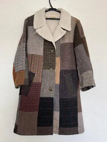 malion vintage 패치워크 보아 옷깃 롱 코트