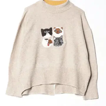 그라니프 더 포 캣츠 페이스 고양이 자수 니트 M 사이즈 베이지 워셔블