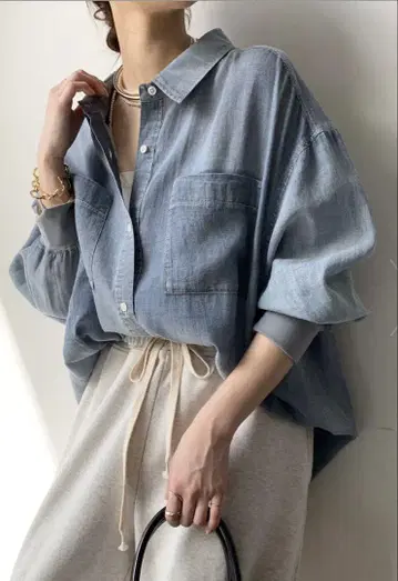 DOUDOU 소매 리브 시어 데님 셔츠