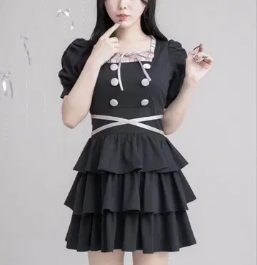 pium 크로스 벨트 반팔 티어드 미니 원피스 블랙 택 포함