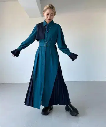 HARE 사이드 플리츠 원피스 블루그린 벨트 포함