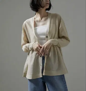 SALON adam et rope' 시어 라메 페플럼 V넥 가디건