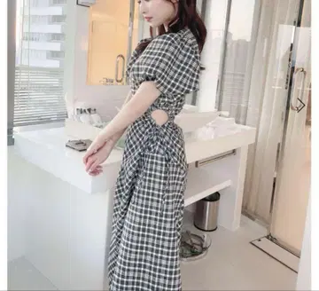 POMME d'amour 체크 웨이스트 오픈 원피스