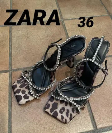 ZARA 큐빅 스트랩 레오파드 무늬 힐 샌들 스퀘어토 36