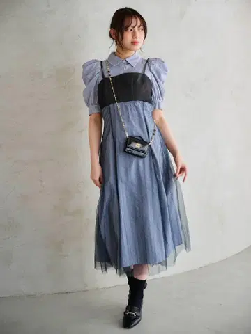 MERCURYDUO 뷔스티에 도킹 파워 숄더 셔츠 원피스 네이비 S