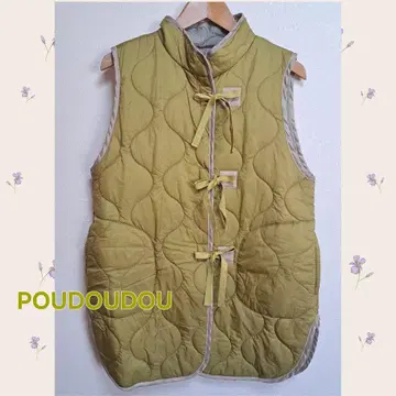 [ POUDOUDOU ] 리본 포함 퀼팅 베스트 올리브 그린 가을 나추란