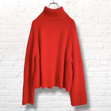 H&M 터틀넥 스웨터 빨간색 레드 래글런 와이드 슬리브 세로 리브