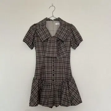 Darich 빅 리본 벌룬 체크 미니 원피스 베이지