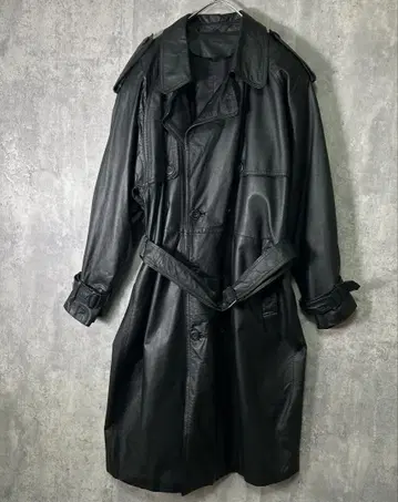 최고급 가죽 트렌치코트 벨트 롱 블랙