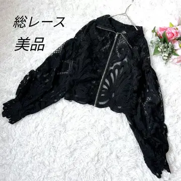 새상품급 전체 레이스 블루종 집업 블랙 긴팔 하이넥 숏 기장 5708