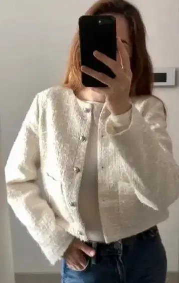 [ 새상품급 ] H&M 트위드 부클레 자켓 화이트 실버버튼 XS