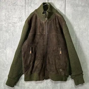 가죽 절개 집업 니트 자켓 팔꿈치 패치 양가죽 브라운 그린 M