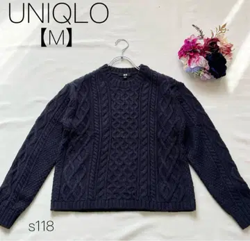 유니클로 케이블 짜임 니트 울 혼방 크루넥 네이비 로우 게이지 [ M ]