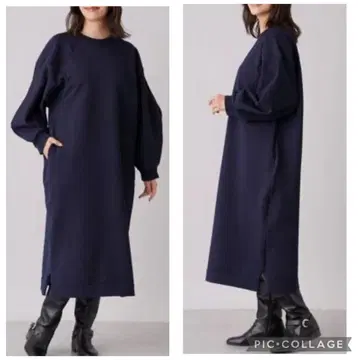 레리안 택 포함 미사용 네미카 풍성한 소매 롱 원피스 네이비