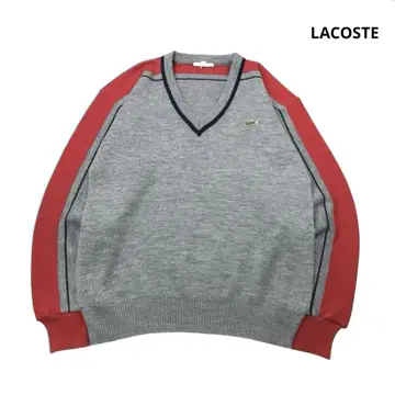 80s LACOSTE 니트 스웨터 로고 자수 그레이 V넥 4표기